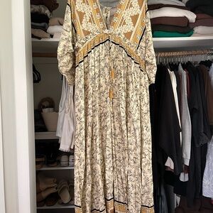 Floral Bohemian Maxi Dress - Cream and Gold